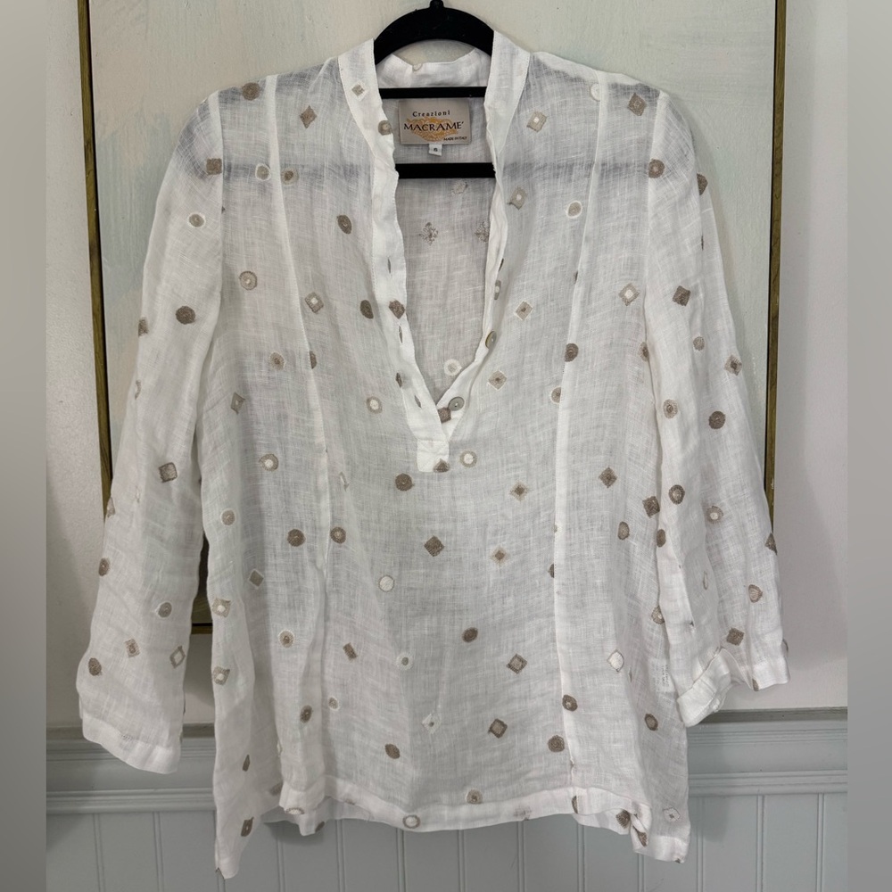 CREAZIONI MACRAME Linen White And Gold Metallic Block Print Blouse Size S